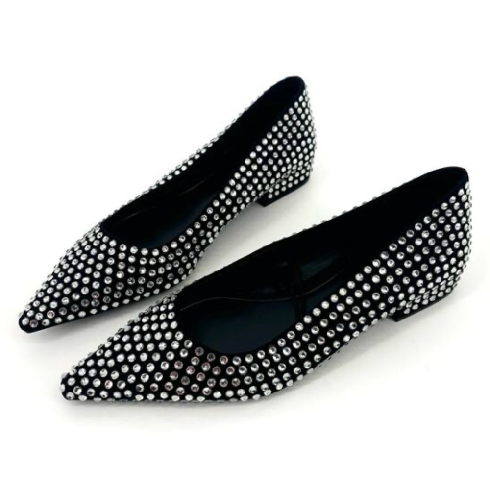 Zara Crystal Rhinestone Ballet Block Heel Flats in Black Size EU 37 / US 7